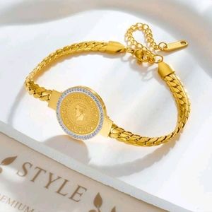 1pc Metallic Twisted Curb Chain With Round Plate & Printed Portrait & Rhinestone